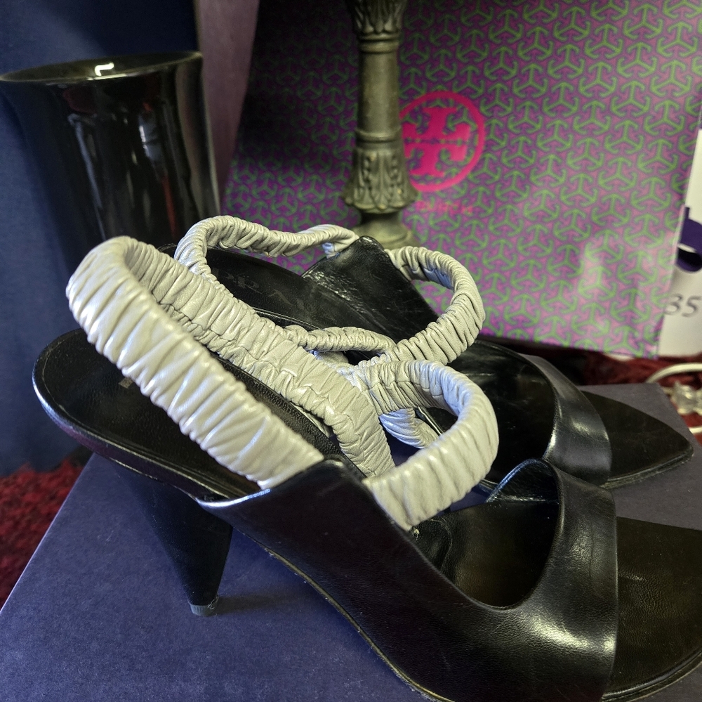 Prada Black and Gray Strap Open Toe Women's Heels, Sz 38